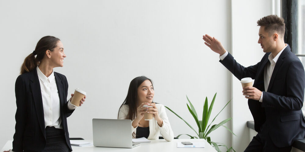 Smiling,Millennial,Diverse,People,Chatting,During,Coffee,Break,Together,,Friendly