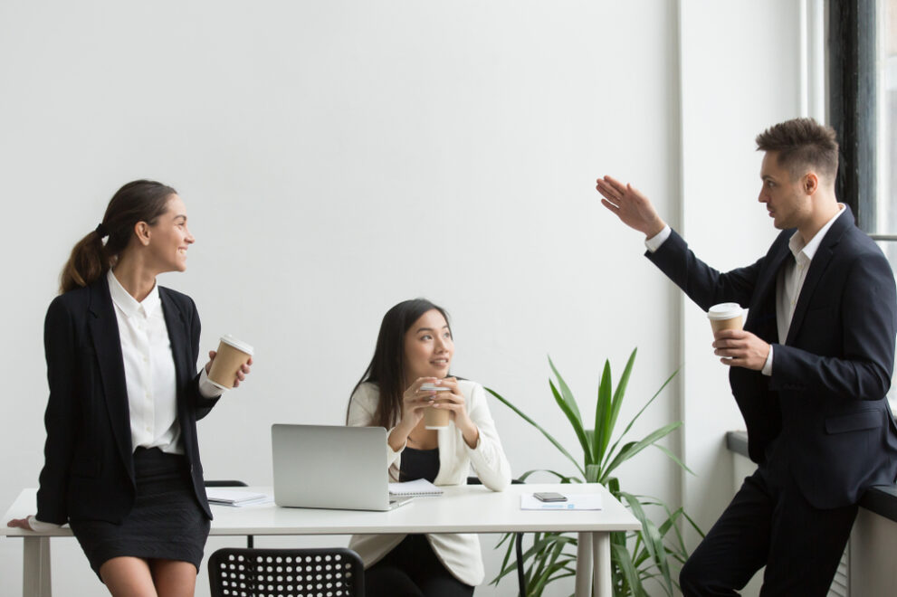 Smiling,Millennial,Diverse,People,Chatting,During,Coffee,Break,Together,,Friendly