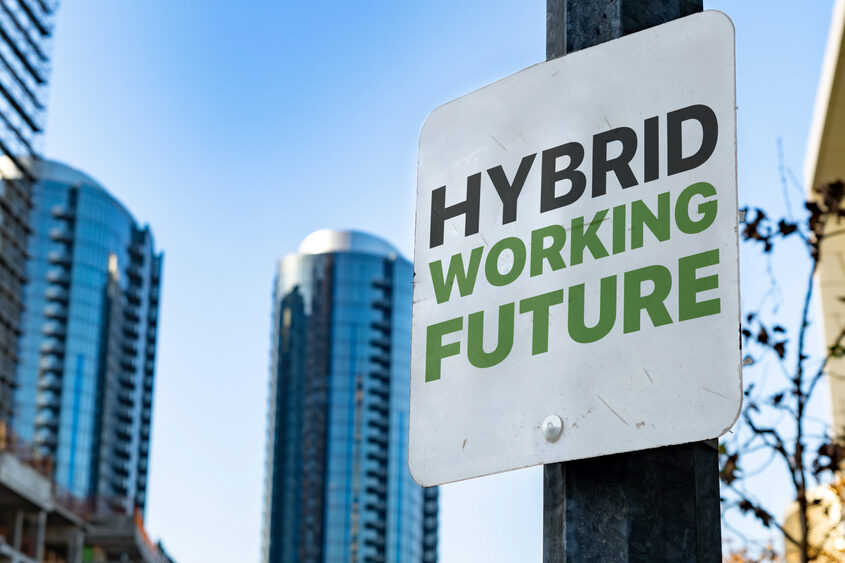 Hybrid,Working,Future,Worn,Sign,In,Downtown,City,Setting