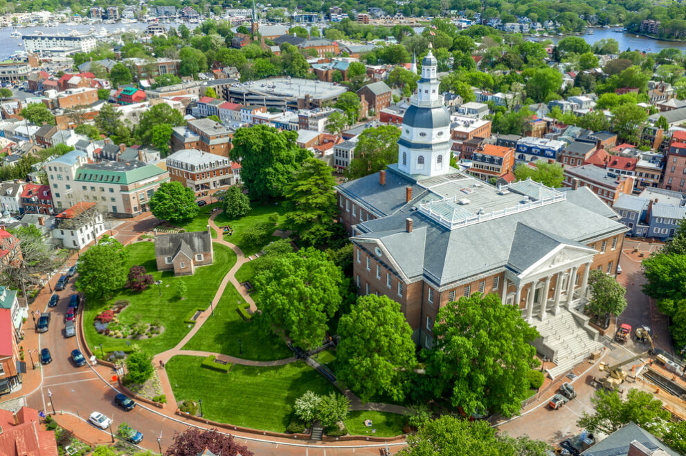 Aerial,View,Of,Maryland,State,House,Capitol,Building,White,Dome