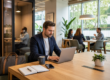 Man in a navy blazer works on a laptop at a wooden table, with a notebook, phone, and mug nearby; a gray bag rests beside him.