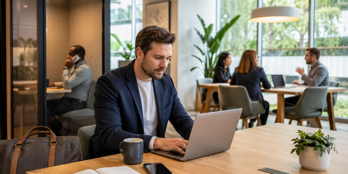 Man in a navy blazer works on a laptop at a wooden table, with a notebook, phone, and mug nearby; a gray bag rests beside him.